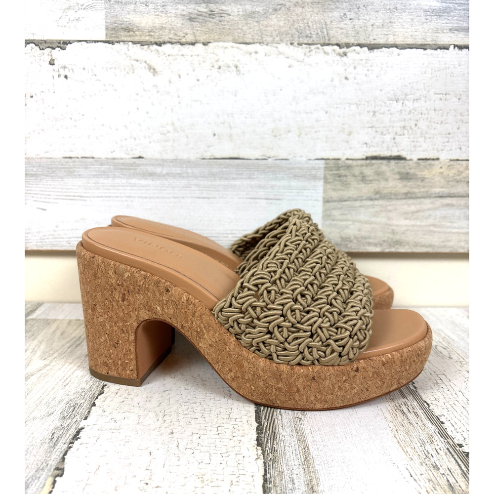 Vince Womens 7 Tan Nicki Crochet Knotted Cork Platform Slip On Heeled Sandals